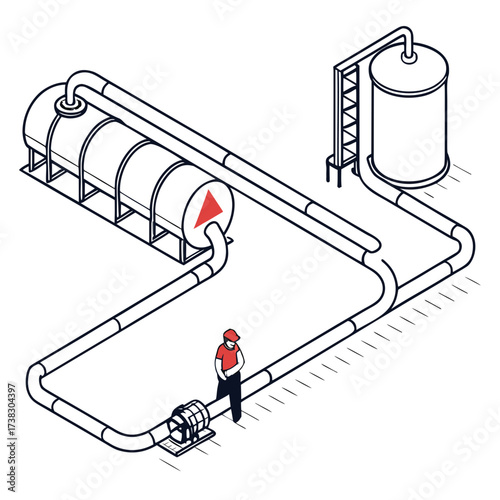 Industrial isometric illustration of a worker overseeing a liquid transfer system with tanks and pipes