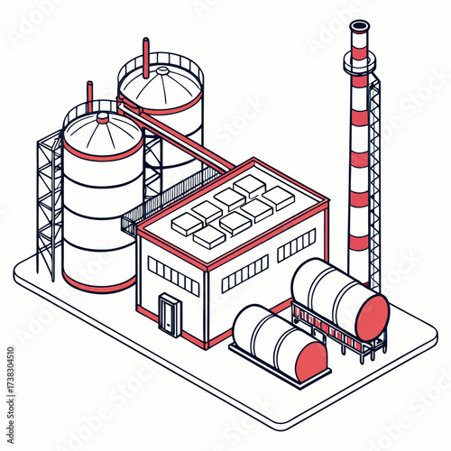 Isometric illustration of a modern industrial factory complex with silos storage tanks and a smokestack against a white background