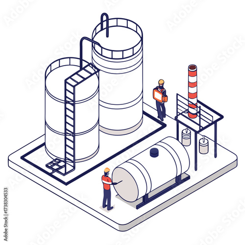 Isometric illustration of an industrial facility with large storage tanks and workers overseeing operations