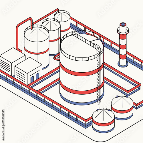 Isometric illustration of an industrial facility with large storage tanks pipes and a smokestack against a plain background