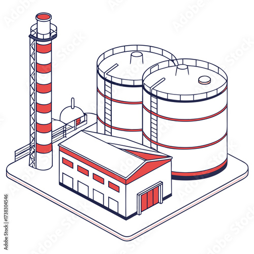 Isometric illustration of an industrial facility with storage tanks a smokestack and a warehouse building