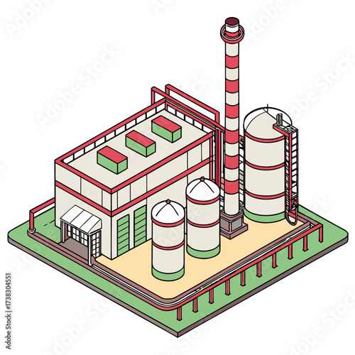 Isometric illustration of a modern industrial factory complex with storage tanks and a tall smokestack on a white background