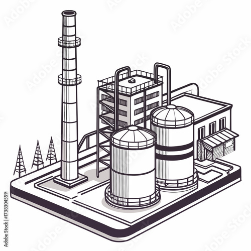 Isometric illustration of an industrial factory complex with a tall chimney and storage tanks on a white background