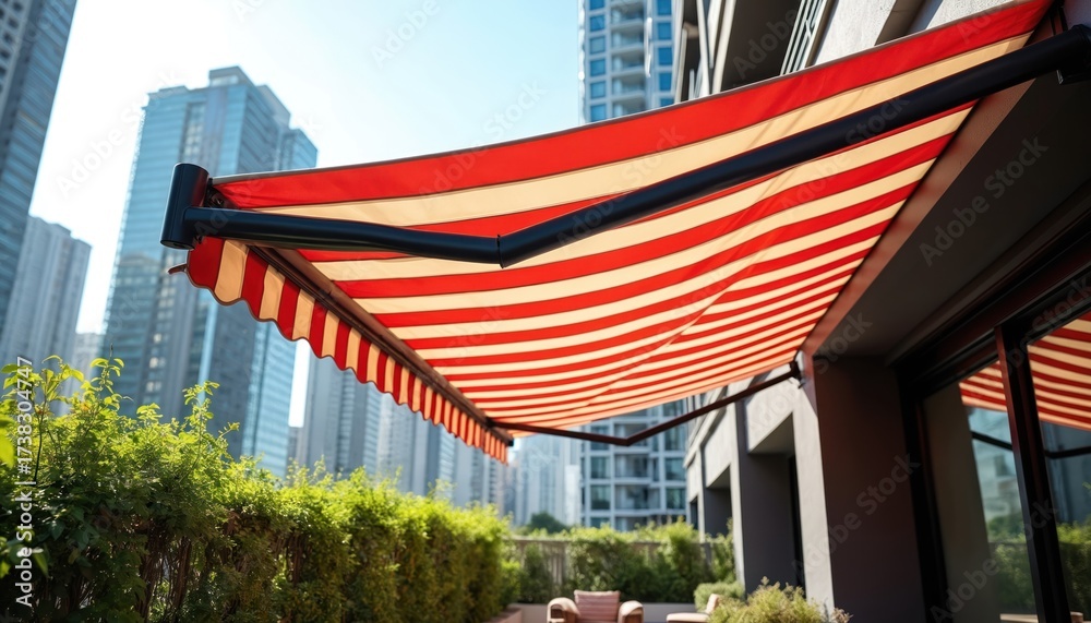 Obraz premium Red and white striped awning on urban balcony. Modern building with sun protection. Green plants and city skyline in background. Outdoor seating area with chairs. Sunshade on residential building.