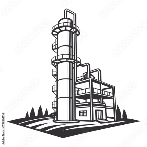 Stylized black and white illustration of an industrial distillation tower and processing plant on a landscape