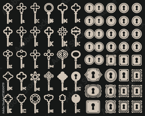 Vintage Style Vector Illustration Set with Big Silhouettes of Keys, Locks, and Old Keyholes on Black Background – Perfect for Decorative Design Elements