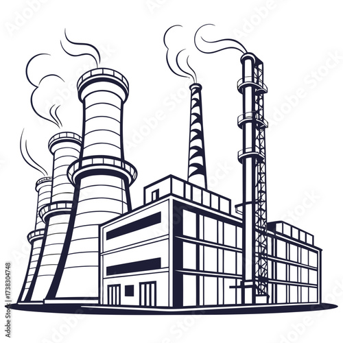 Stylized illustration of a factory complex with multiple cooling towers and smokestacks emitting steam against a white background