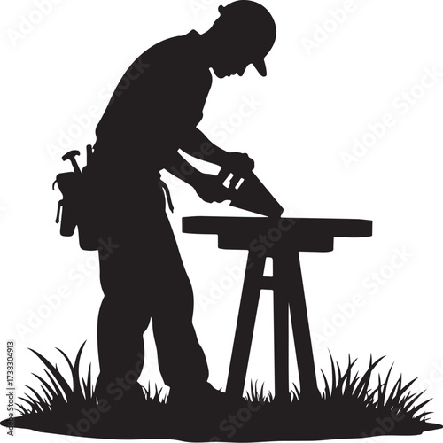 Silhouette of a carpenter sawing wood on a workbench