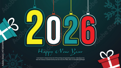 Happy New Year 2026 Vector text effect  Banner with Colorful Hanging Numbers, Gift Boxes, and Snowflakes for Winter Holiday Corporate E-commerce Promotions background