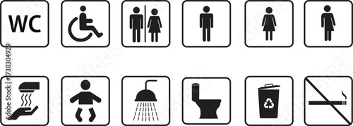 Public Restroom and Facility Icon Set.  WC, Accessibility, Hygiene, and Warning Signs

