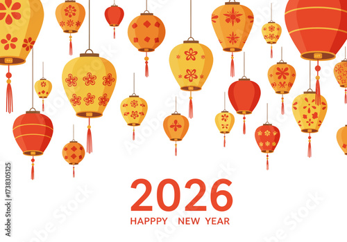 Festive 2026 New Year card red  yellow lanterns adorn a white background with the greeting HAPPPY NEW YEAR in red text