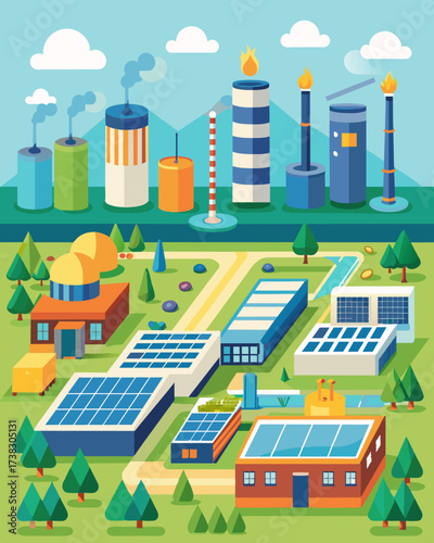 A sprawling industrial park with different types of factories all united in their use of solar panels to generate clean and renewable energy.. Vector illustration