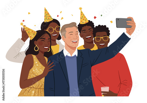 Group selfie at a celebration with diverse people wearing party hats and smiling
