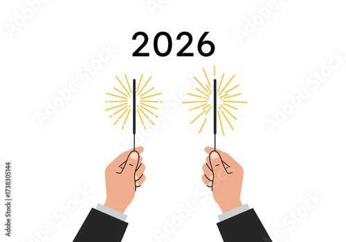 Two hands holding sparklers under the year 2026