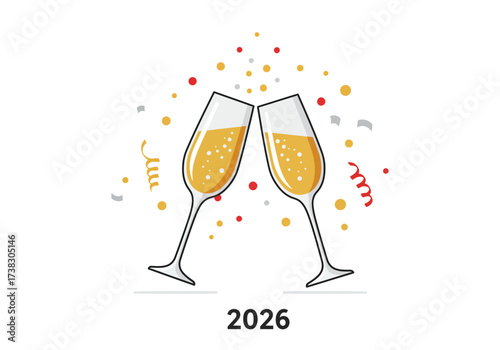 Two champagne glasses clink amidst confetti celebrating 2026 at the bottom