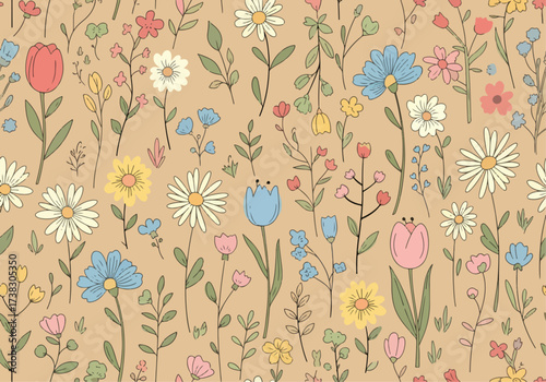 Seamless floral pattern with simple vintage flowers