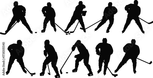 Black vector silhouettes of women and men playing winter sports like ice hockey and ski