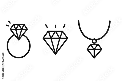Diamond icon set with ring and necklace. Simple line art vector illustration for jewelry, engagement, and wedding. Precious gem, brilliant stone, and jewel symbols for design.