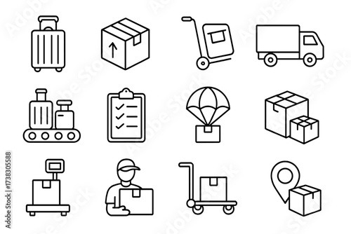 Delivery and logistics icon set. Shipping, transport, and cargo symbols. Vector line icons for package tracking, freight service, courier, and baggage handling. Outline pictogram collection.