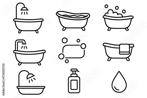 Bathtub and shower thin line icon set. Bathroom hygiene symbols. Editable stroke vector illustration for web, apps. Collection of simple pictograms like bath, soap, water.