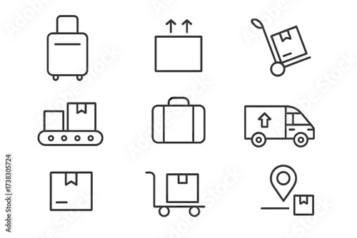 Baggage and parcel transportation vector line icon set. Logistics, shipping, and delivery service symbols. Editable stroke illustrations for courier, luggage, and tracking.