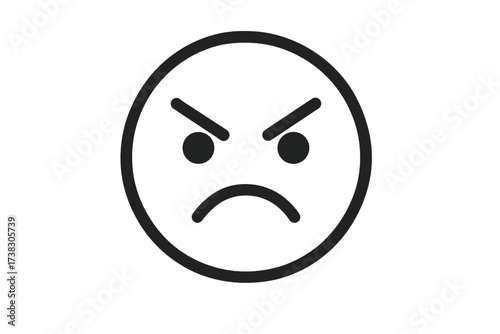 Angry face icon for customer feedback. Mad emoji symbol showing dissatisfaction, bad review, complaint. Negative emotion, frustration, stress pictogram. Simple line art character.