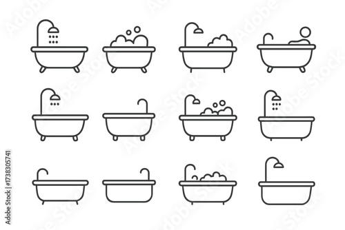 Bathtub line icon set. Simple bath and shower symbols for bathroom and hygiene concepts. Vector collection with foam, bubbles, and a relaxing person. Minimal outline pictogram.