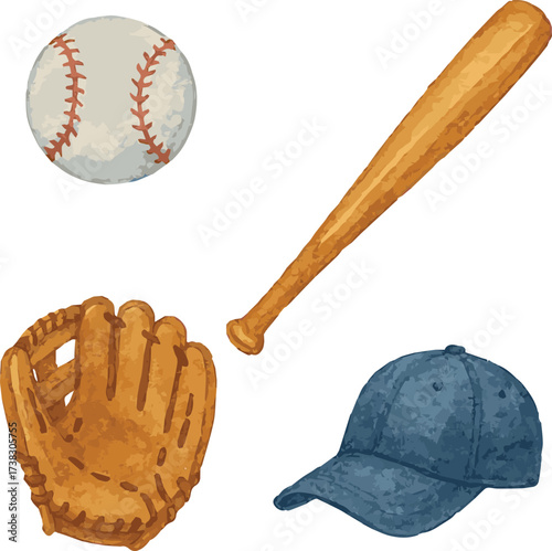 Photography Collection of watercolor painted illustrations of baseball stuff