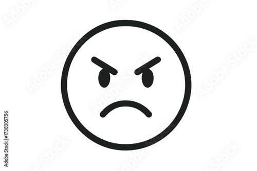 Angry face emoji, negative emotion concept. Mad emoticon icon for customer feedback. Unhappy, frustrated, dissatisfied symbol. Bad mood, stress, rage vector illustration.
