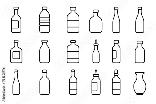 Bottle line icon set vector. Thin outline pictograms of glass plastic containers. Water, wine, milk, sauce, oil, medicine dropper bottle symbols. Editable stroke for web app.