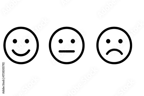 Customer satisfaction rating icons. Feedback emoji smiley faces. Happy, neutral, sad emotion. Positive, negative review symbol. Simple outline vector illustration for web, app.