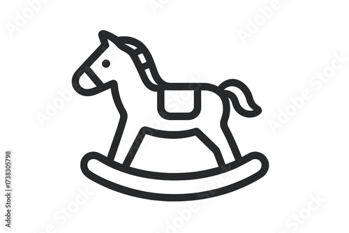 Rocking horse icon. Line art vector of a classic childhood toy. Simple pony pictogram for nursery, play, and baby themes. Isolated flat design for web, app, UI, logo.