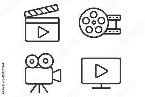 Video production and movie making line icon set. Film camera, clapperboard, film reel, and play button icons. Cinema, multimedia, and streaming symbols. Vector illustration.
