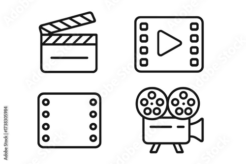 Movie and cinema line icon set. Filmmaking and video production symbols. Clapperboard, film strip, play button, projector camera. Vector graphic for web, logo, app, UI.