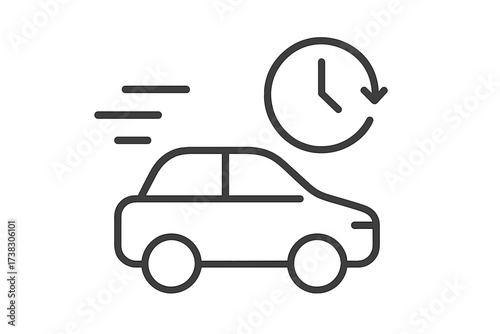 Fast car delivery service icon. Express shipping. Transport concept. Automobile, clock, timer symbol. Logistics. On-time arrival, deadline metaphor. Line vector illustration.
