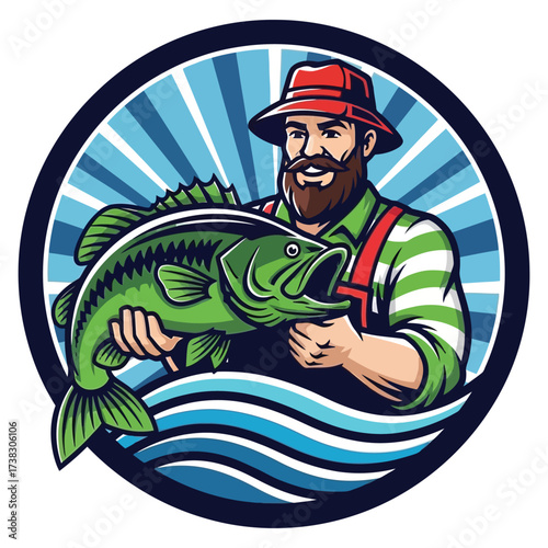 Proud fisherman proudly displays his impressive bass catch against a vibrant blue sunburst background with stylized water elements