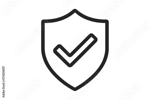 Security shield with checkmark icon. Protection and safety concept. Quality guarantee, verified and approved symbol. Secure trust vector line illustration for web, app, logo.
