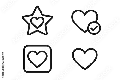 Love heart favorite icon set. Linear style symbols collection for website design, logo, app, and UI. Like, save, and follow buttons. Check mark and star pictograms.