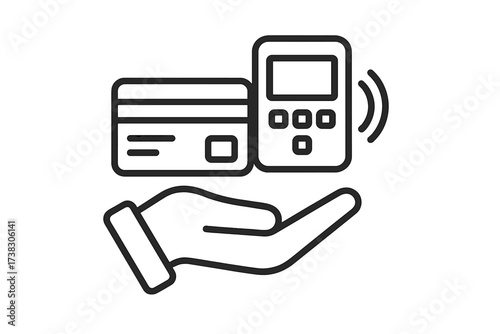 Payment method line icon. Hand holding credit card and POS terminal. Contactless transaction, NFC paypass concept. Vector for retail, banking, finance app, UI, web design.