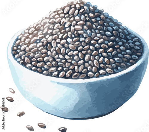 Watercolor vector illustration of a bowl of chia seeds