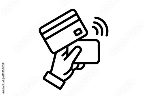 Contactless payment line icon. Hand with credit card using POS terminal. NFC, tap to pay technology. Wireless money transaction. Cashless purchase. E-payment finance concept.