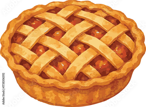 Watercolor vector illustration of a lattice top apple pie