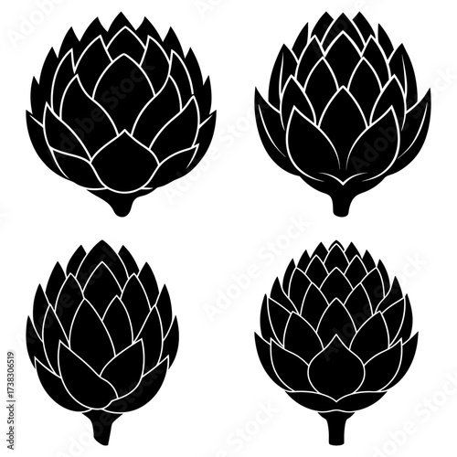Four stylized artichokes in black and white with detailed petal arrangements and stem bases design elements