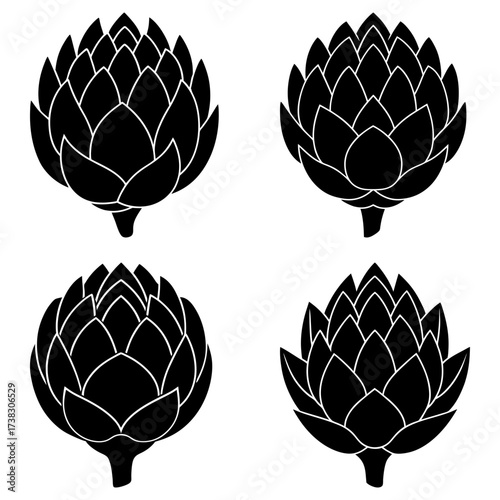 Four artichokes arranged in a square pattern with a black and white color scheme and a minimalist style