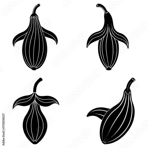 Four stylized black and white illustrations of hanging bell shaped flowers with small leaves present