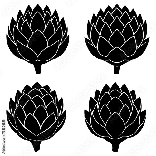 Four artichokes in black and white with detailed petal arrangements in a symmetrical composition style