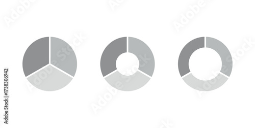 Set of three parts of circle. Pie chart with three same size sectors. Vector illustration isolated on white background.