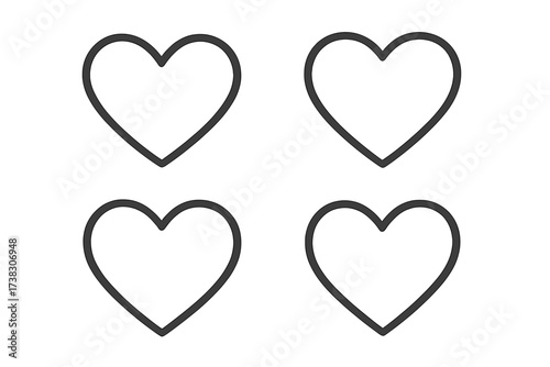 Set of four love heart outline icons. Simple, trendy flat line style symbol for passion, romance and Valentine's Day. Vector illustration for web design, logo, app, UI, isolated.