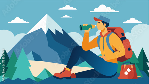 A hiker takes a break on a mountain top and pulls out a homemade protein bar and a bottle of water fueling his body with quality nutrients to continue his journey.. Vector illustration