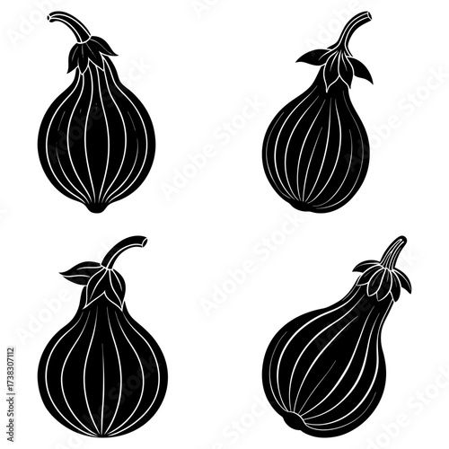Four stylized black and white eggplants with detailed line work and stem and leaf elements in a grid pattern